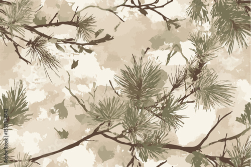 A camouflage pattern with pine branches and grasses.A realistic photo of a camouflage pattern with brown leaves and green pine branches, high resolution