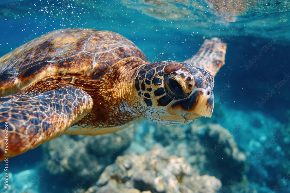Obraz premium Majestic Sea Turtle Gliding Through Crystal Clear Waters of Tropical Ocean with Vibrant Coral Reef Below and Sunlight Creating Sparkling Surface Reflection