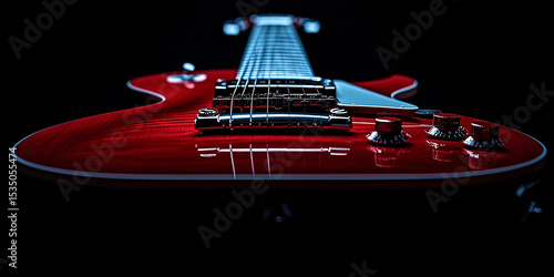 Close-up of a glossy red electric guitar, showcasing its sleek design and intricate details.