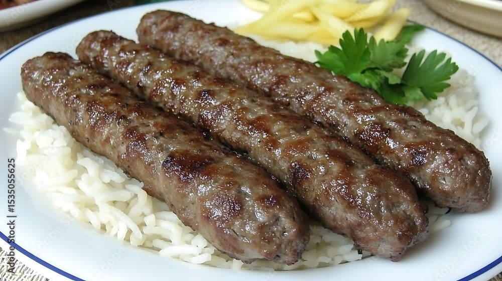 Delicious Cevapi dish presented on a bed of rice with garnish of parsley Delicious Cevapi dish presented on a bed of rice with garnish of parsley