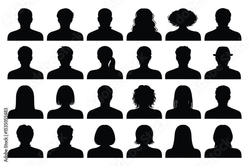 Silhouette Portraits A Diverse Collection of Head and Shoulder Outlines Representing Varied Hairstyles and Headwear for Design and Creative Projects
