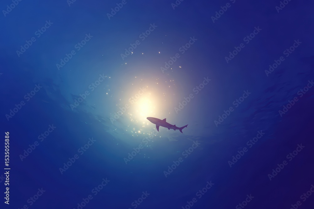 Fototapeta premium Majestic Shark Silhouetted Against a Mysterious Sunlit Underwater Scene with Soft Circles of Light and Uniform Blue Background