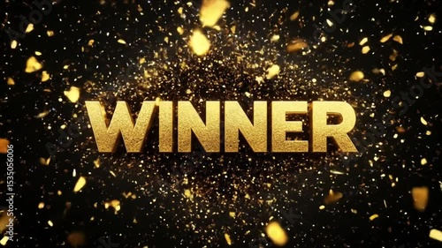 Golden winner text animation with confetti explosion on black background