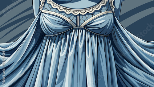 Flowy sleeveless nightdress in dusty blue with lace neckline and subtle pleats captured in close-up. Perfect for elegant, minimalist vector scenes showing comfort and femininity.