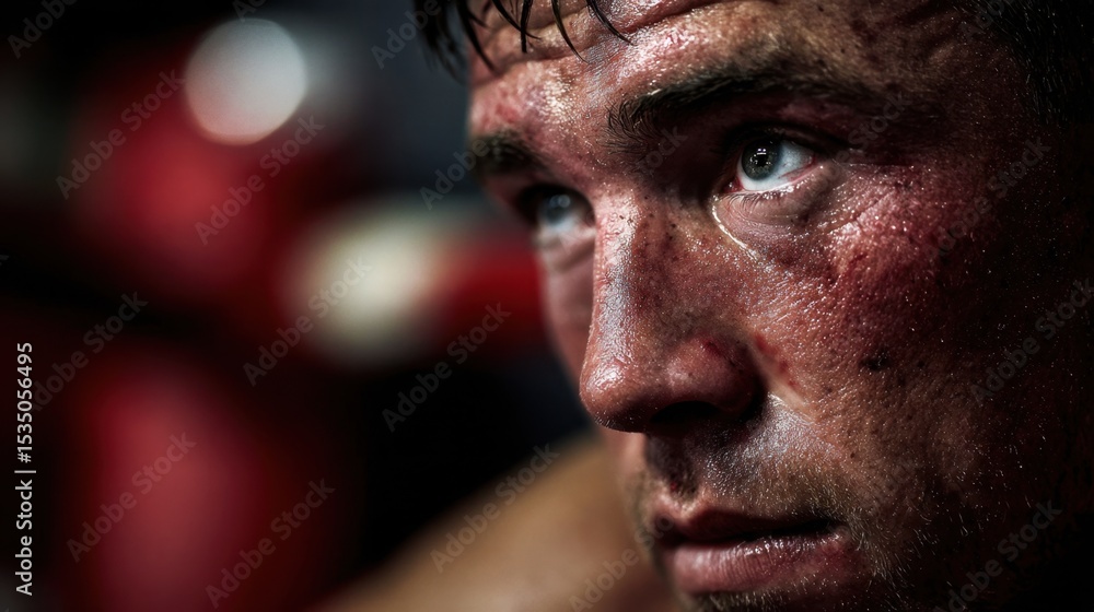 Obraz premium Tough Athlete's Intense Gaze: Portrait of a determined athlete with scars and sweat, capturing a moment of focused intensity, resilience, and raw emotion.