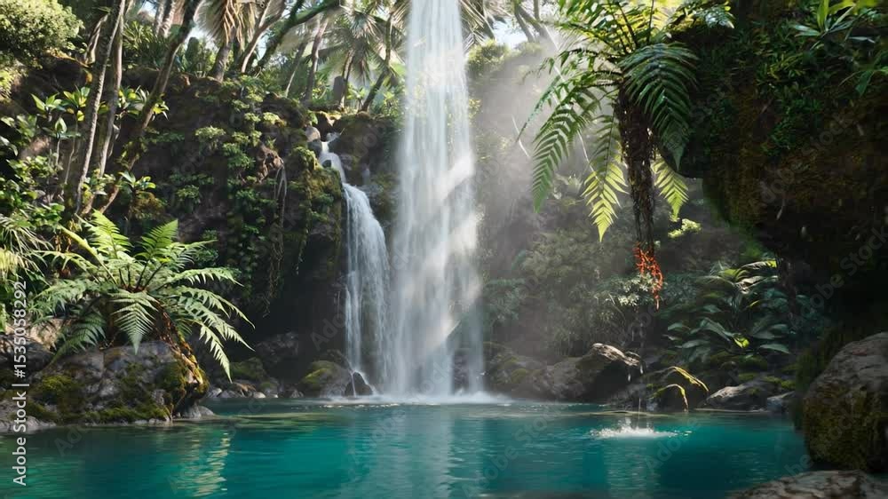 Water cascades in slow motion into a pool, surrounded by lush tropical foliage Water cascades in slow motion into a pool, surrounded by lush tropical foliage