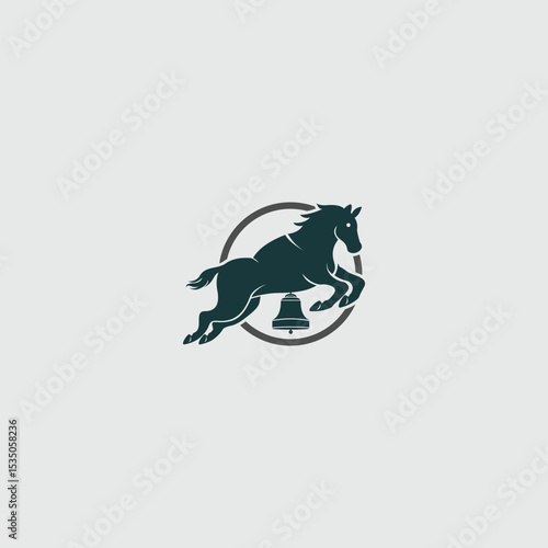 Symbolic equestrian design featuring horse silhouette jumping over a bell