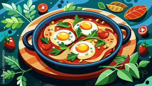Colorful illustration of a tomato-based dish with three fried eggs, herbs, noodles, and vegetables in a pot on a wooden board surrounded by leaves and tomatoes