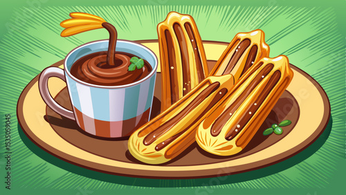 Illustration of four golden churros filled with chocolate and served with a cup of dipping sauce on a plate over a green background