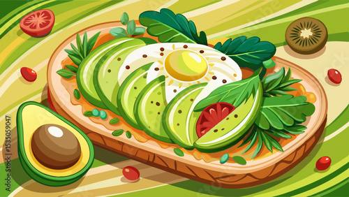 Illustration of an avocado toast with a sunny-side-up egg, greens, seeds, and tomato slices on a wooden plate with a green background