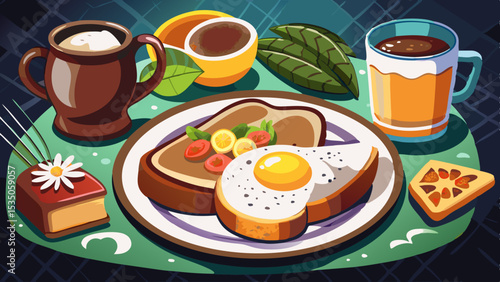 Illustration of a breakfast plate with sunny-side-up egg on toast, vegetables, drinks, and dessert on a green mat with a cozy dark background