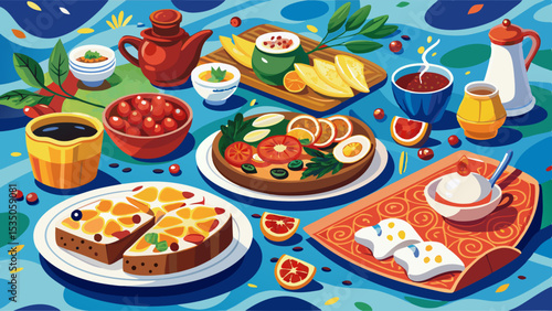 Colorful illustration of a traditional Turkish breakfast with tea, fruits, bread, cheese, olives, vegetables, and sweet treats on a blue background