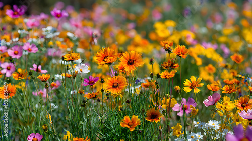 Bunte Wildblumenwiese mit orangefarbenen, gelben und rosa Blüten
