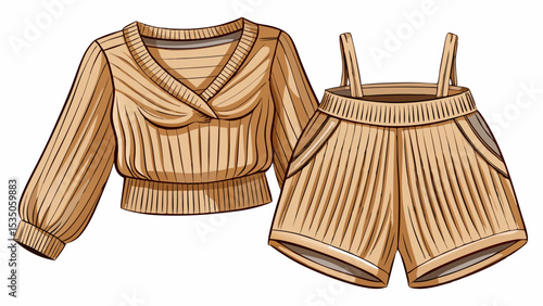 Ribbed knit lounge set with crop top and shorts in beige tones laid flat on white background. Ideal for chic and relaxed vector fashion layouts with soft textile textures.

