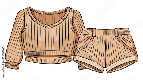 Ribbed knit lounge set with crop top and shorts in beige tones laid flat on white background. Ideal for chic and relaxed vector fashion layouts with soft textile textures.

