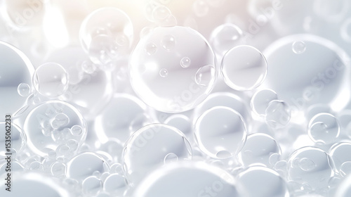 Abstract soft white bubbles and ellipses floating in a full-frame layout with subtle reflections and dreamy lighting for an ethereal look