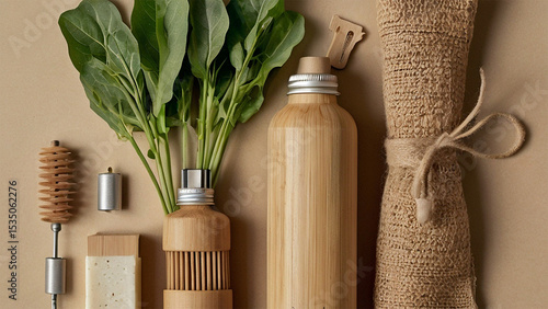 Eco-Friendly Essentials: An eco-conscious assortment, featuring a sustainable toothbrush, fresh produce, and a reusable water bottle, all nestled within a natural tote bag.