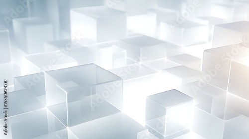 Floating translucent white geometric shapes with light reflection and soft gradients over a matte surface, perfect modern header aesthetic