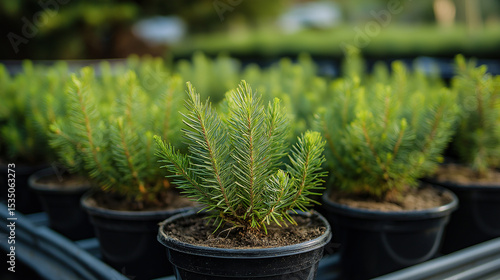 sale of coniferous plants in pots, young green pines and firs in pots, garden center, plant growing, generative ai