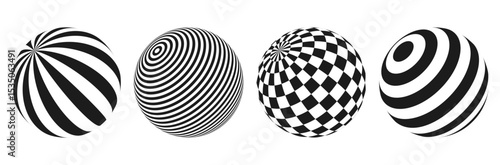 Striped and checkered 3d spheres. Abstract balls with black and white colors. Geometric design with optical illusion effect. Vector illustration.