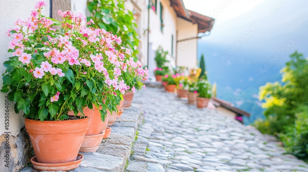 Fototapeta premium Charming Pathway: A picturesque stone pathway winds its way upward, adorned with vibrant flower pots, leading to a quaint building amidst a tranquil landscape. The perfect scene to evoke wanderlust.