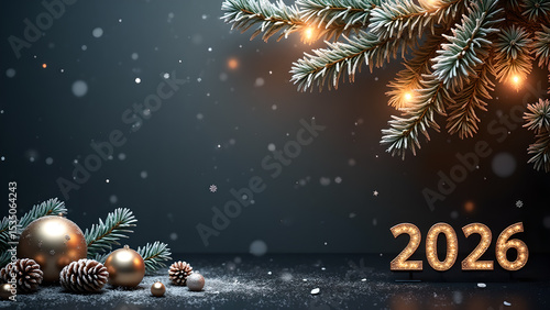 Festive 2026 New Year's backdrop with ornaments and snowy fir branches