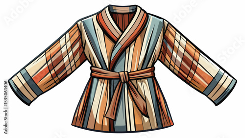 Soft knit robe with long sleeves and waist belt shown open on white background. Neutral tones and detailed fabric lines make this piece great for calm and stylish vector scenes.

