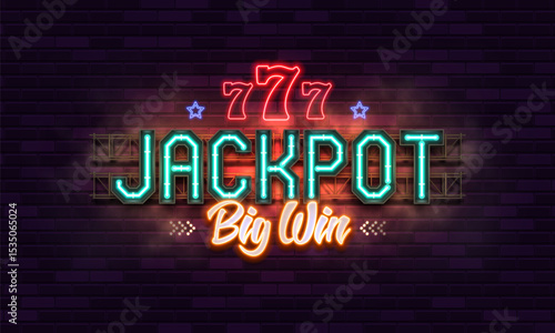 Jackpot banner or poster with retro neon signs on a brick wall background. Vector illustration.