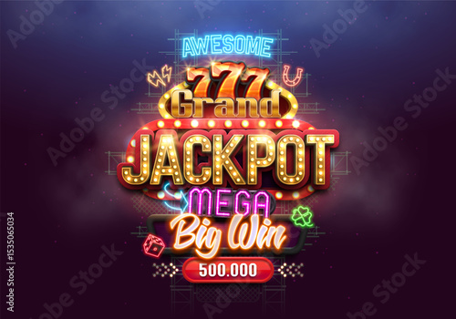 Shining Jackpot billboard with retro neon signs. Mega big win concept. Vector illustration.