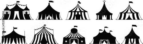 Diverse collection of classic circus tent silhouettes, featuring various shapes, flag decorations, and striped patterns, perfect for fairgrounds, entertainment, and fun-themed graphic design projects.