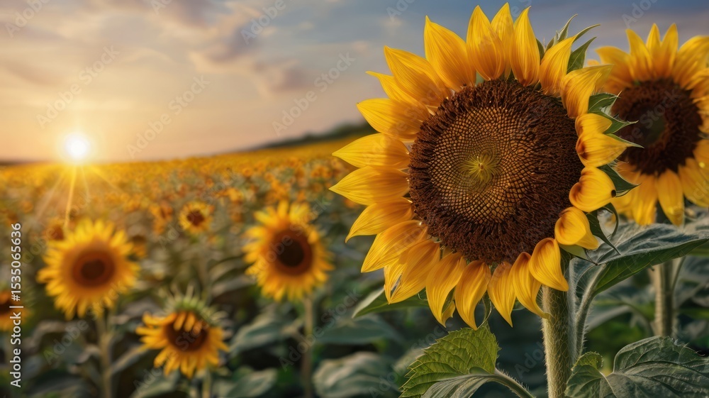 Obraz premium Sunflowers in a field at sunset