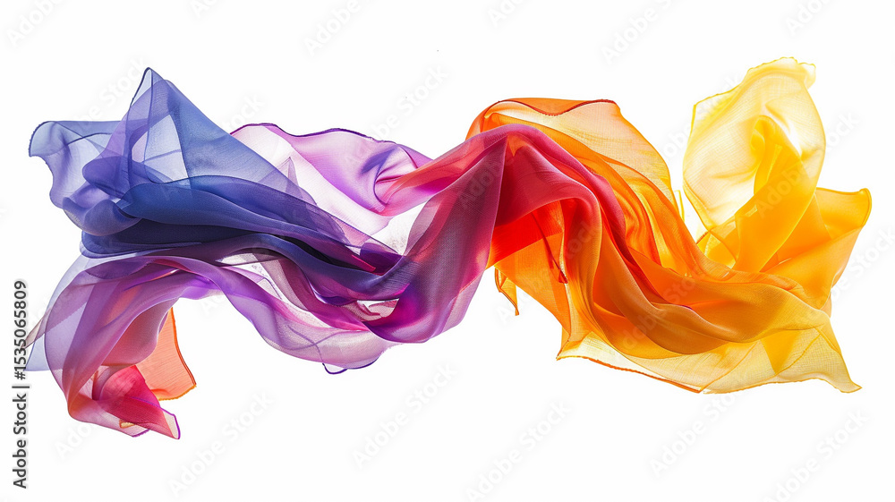 Obraz premium vibrant, flowing scarf in shades of purple, orange, and red, ideal for contemporary dance or expressive movement.