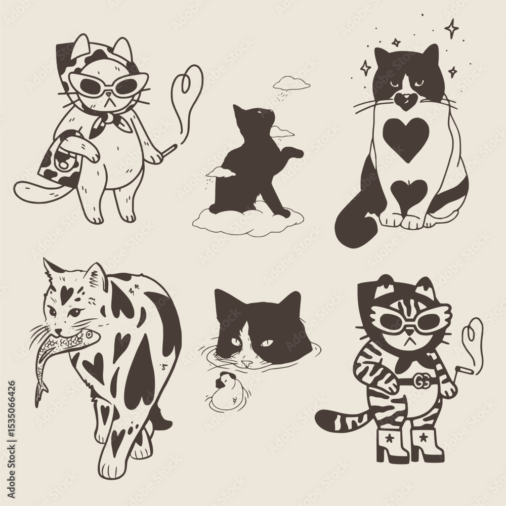 Seamless pattern with doodle cats among stars. Continuous one line kittens. Feline in different poses. Animals sit, lay,relax. Childish monochrome print,wrapping paper. Modern drawing with domestic pe Seamless pattern with doodle cats among stars. Continuous one line kittens. Feline in different poses. Animals sit, lay,relax. Childish monochrome print,wrapping paper. Modern drawing with domestic pe