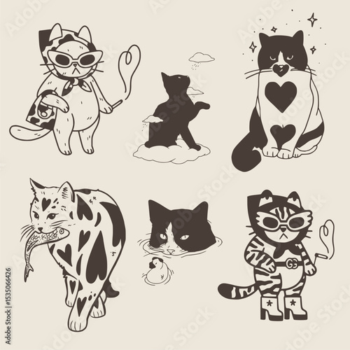 Seamless pattern with doodle cats among stars. Continuous one line kittens. Feline in different poses. Animals sit, lay,relax. Childish monochrome print,wrapping paper. Modern drawing with domestic pe