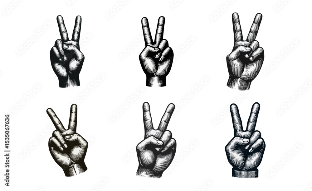 Fototapeta premium Peace hand gesture engrave illustration logo icon
