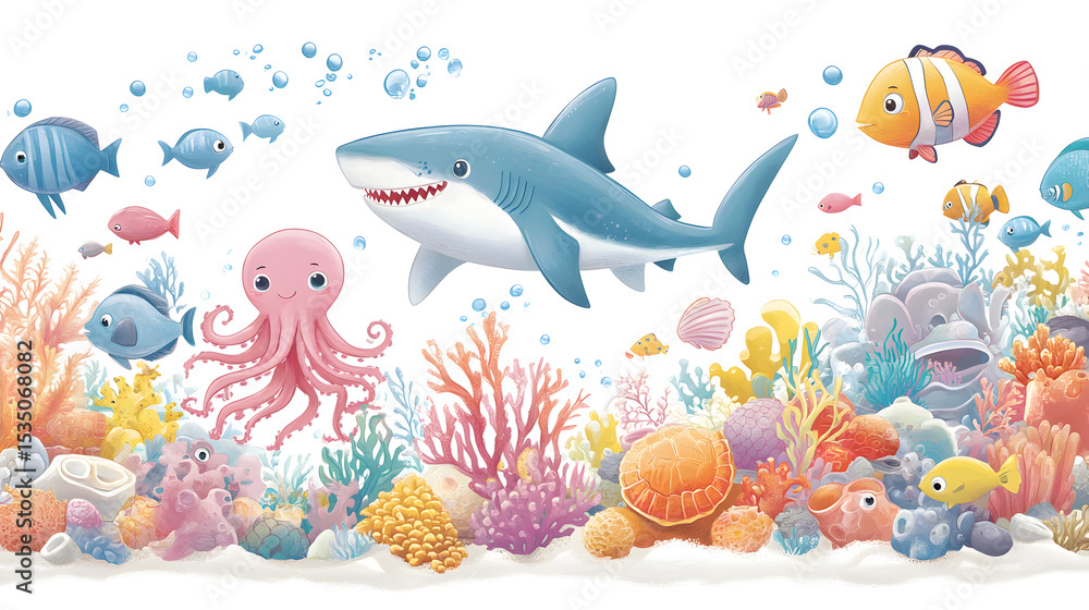Obraz premium Cartoon sea creatures and coral reef illustration