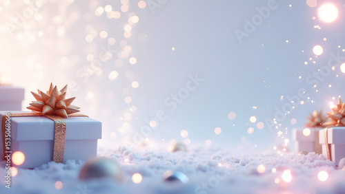 Elegant winter holiday scene with gift boxes and sparkling lights background