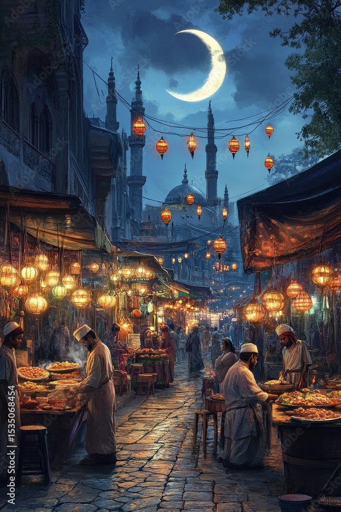 Nighttime market street with illuminated lanterns and string lights, people shopping at stands, and a crescent moon in the sky Nighttime market street with illuminated lanterns and string lights, people shopping at stands, and a crescent moon in the sky