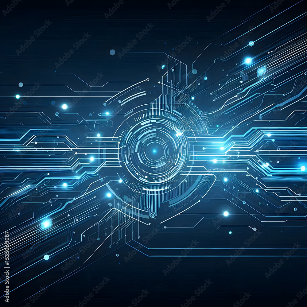 Obraz premium Digital Nexus: The mesmerizing core of digital technology, glowing with a network of interconnected circuits, evoking the complex essence of innovation and the digital age.