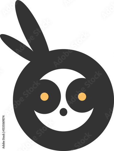 귀가 달린 웃는 얼굴 모양의 검은색 원형 캐릭터 아이콘 또는 로고
