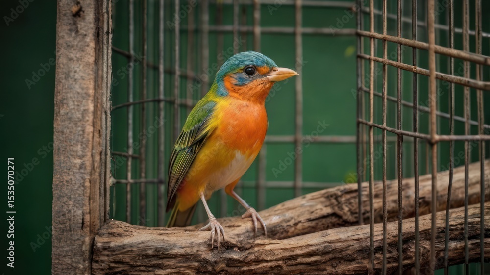 Fototapeta premium Colorful bird perched on a branch inside a cage