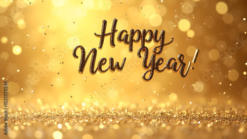 Golden Happy New Year Celebration with Glitter and Bokeh Background