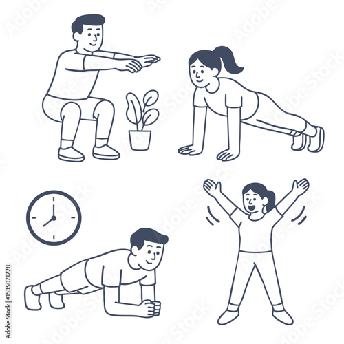 Fitness activities including squats, push ups, and planks promote health and well being