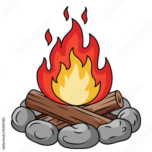 Cartoon Campfire Vector Art: Cozy Bonfire with Rocks and Firewood