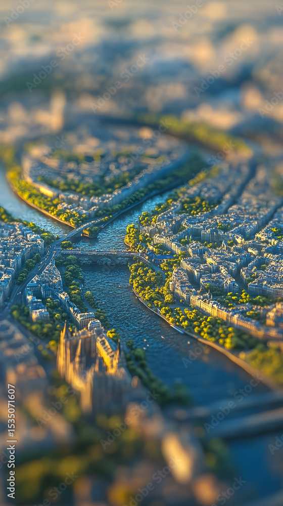 Fototapeta premium Aerial View of a City with a Winding River and Green Spaces