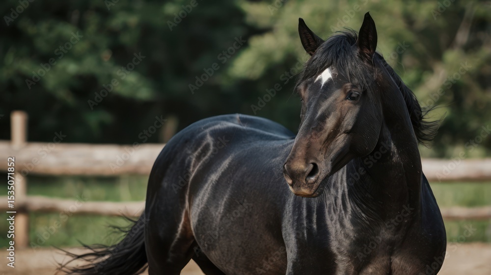 Fototapeta premium Dark horse in a rural setting