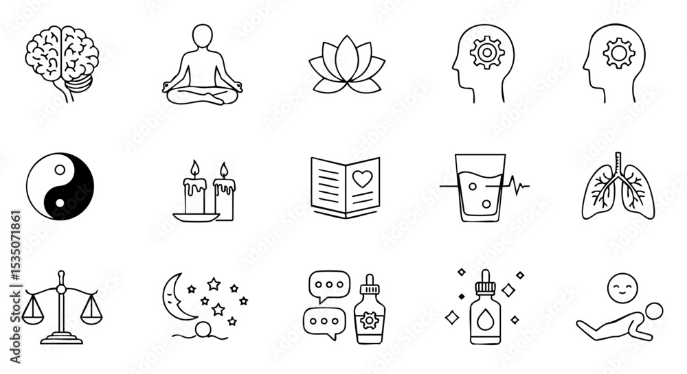 Fototapeta premium Outline Mental Health and Self-Care Icon Set, Thin Line Style