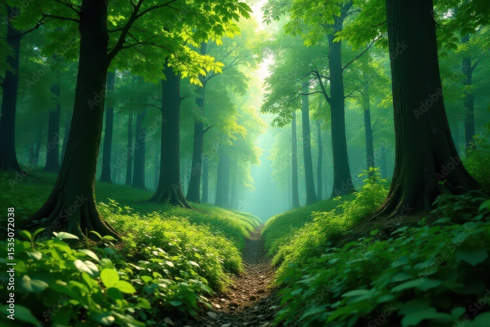 Fototapeta premium Dense emerald green forest, upward view, rich texture, color, growth