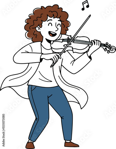 A continuous line art drawing of a person with short, curly hair happily playing the violin, with musical notes floating above