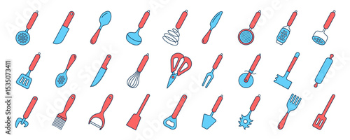 Kitchenware icon set. Color vector kitchen utensils, tools and cutlery. Whisk, slotted spoon, scissors, ladle and spatula. Sieve, knife, spoon, fork, peeler and opener
